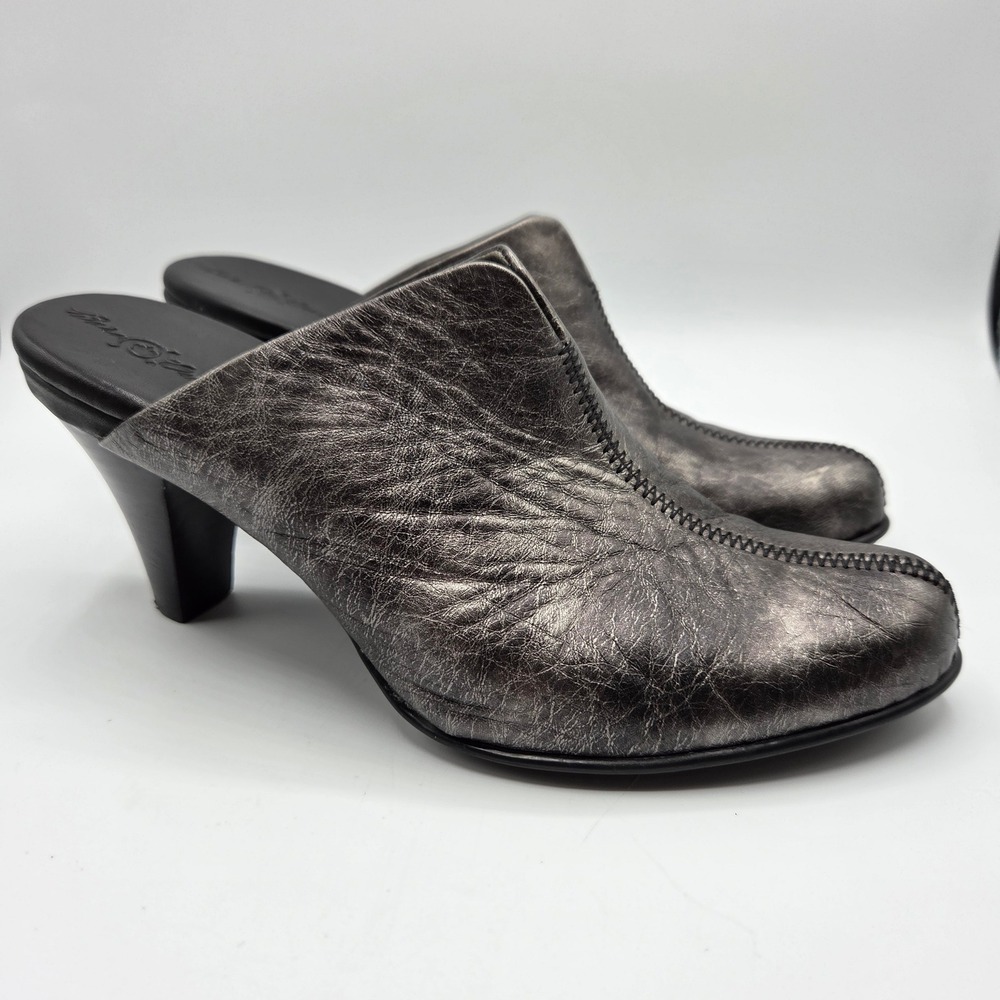 Born Crown Womens Pewter Metallic Leather Mules Block Heel
